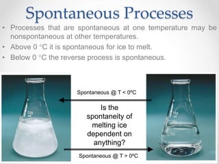 Spontaneous Processes
• Processes that are spontaneous at one temperature may be
nonspontaneous at other temperatures.
• Above 0 C it is spontaneous for ice to melt.
• Below 0 C the reverse process is spontaneous.
Is the
spontaneity of
melting ice
dependent on
anything?
Spontaneous @ T > 0ºC
Spontaneous @ T < 0ºC
 