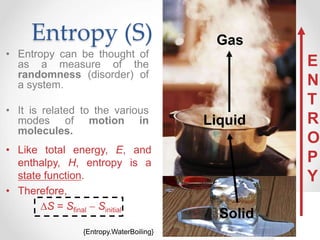 Entropy (S)
• Entropy can be thought of
as a measure of the
randomness (disorder) of
a system.
• It is related to the various
modes of motion in
molecules.
{Entropy.WaterBoiling}
• Like total energy, E, and
enthalpy, H, entropy is a
state function.
• Therefore,
S = Sfinal  Sinitial
Solid
Liquid
Gas
E
N
T
R
O
P
Y
 