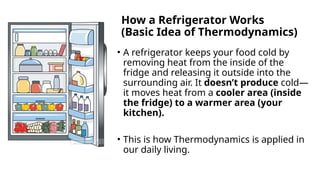 How a Refrigerator Works
(Basic Idea of Thermodynamics)
• A refrigerator keeps your food cold by
removing heat from the inside of the
fridge and releasing it outside into the
surrounding air. It doesn’t produce cold—
it moves heat from a cooler area (inside
the fridge) to a warmer area (your
kitchen).
• This is how Thermodynamics is applied in
our daily living.
 