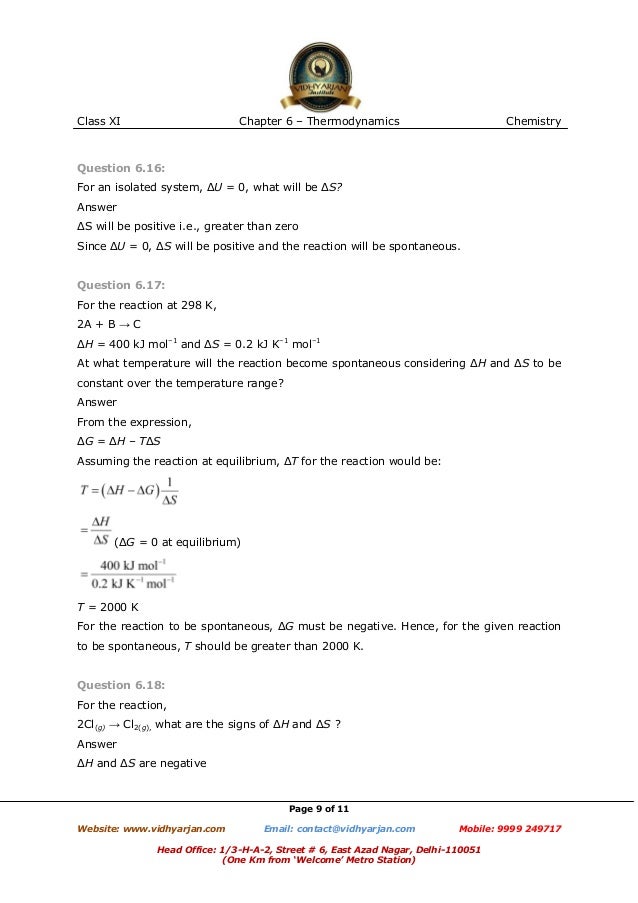 Printables Work Sheet Answer Of Thermodynamic Chemistry thermodynamics exercise with solutions 9 class xi chapter 6 chemistry