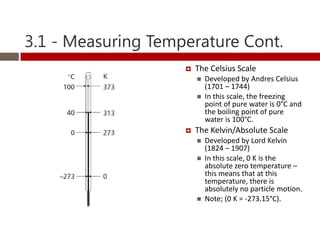 3.1 - Measuring Temperature Cont.
                       The Celsius Scale
                           Developed by Andres Celsius
                            (1701 – 1744)
                           In this scale, the freezing
                            point of pure water is 0°C and
                            the boiling point of pure
                            water is 100°C.
                       The Kelvin/Absolute Scale
                           Developed by Lord Kelvin
                            (1824 – 1907)
                           In this scale, 0 K is the
                            absolute zero temperature –
                            this means that at this
                            temperature, there is
                            absolutely no particle motion.
                           Note; (0 K = -273.15°C).
 