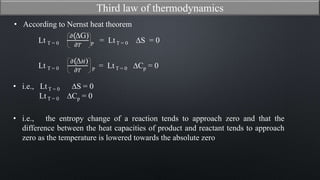 • According to Nernst heat theorem
Lt T = 0
𝜕(∆G)
𝜕𝑇 P
= Lt T = 0 ∆S = 0
Lt T = 0
𝜕(∆ 𝐻)
𝜕𝑇 P
= Lt T = 0 ∆Cp = 0
• i.e., Lt T = 0 ∆S = 0
Lt T = 0 ∆Cp = 0
• i.e., the entropy change of a reaction tends to approach zero and that the
difference between the heat capacities of product and reactant tends to approach
zero as the temperature is lowered towards the absolute zero
Third law of thermodynamics
 