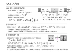 断熱操作によって
[6-5] Sの増大則
[6-6] 複合状態でのS
断熱壁|を外して温度が一定になる過程(断熱操作)は不可逆(6.61)
{(T1; V)|(T2; V)}
a
{(T1; V), (T2; V)}
a
{(Tf; V)|(Tf; V)}
として
S(T; V) < S(T′; V′)(T; V)
a
(T′; V′) が得られるなら が成り立つ (6.55)
=> 断熱された系での自発的な状態変化では、必ずエントロピーが増加する
(開始点と終始点は平衡状態でないとSが定義されない。でも途中は平衡である必要はない。
T1
V
a
T2
V
Tf
V
Tf
V
a
Tf = (T1 + T2)/2
同じ断熱壁の中に温度差があるものを持ってきて、トータルでのSが増えるようにすれば
逆向きの過程を作ることができる
=> これが自然界における秩序形成 (たとえば太陽エネルギーによる不均衡(低いS)を持ってくれば、秩序が作れる)
V′ V
TT
真空 a
[6-3] 真空への断熱膨張 (再訪)
V′
T′′
aq
(T; V′)
a
(T; V) (T; V)
aq
(T′′; V′)
仕事なし 仕事あり
(理想気体では)
S(T; V′) < S(T; V) = S(T′′; V′)
U(T; V′) = U(T; V) < U(T′′; V′)
aqで仕事をもらっているから
Uは温度に依存するから T < T′′
U(T; V′) < U(T′′; V′)
(6.46’)
S(T; V) − S(T; V′) = NR log
(
V
V′)
> 0
理想気体では(6.32)より(6.48)
(Ch.6 つづき)
 