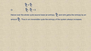 Q2
T2
>
Q1
T1
Or
Q2
T2
-
Q1
T1
> 0
Hence over the whole cycle source loses an entropy
Q1
T1
and sink gains the entropy by an
amount
Q2
T2
. Thus in an irreversible cycle the entropy of the system always increases.
 