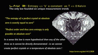 LAW 3: Entropy => ‘k’ a constant as T => 0 Kelvin
The only law founded on unique measurement trends
“The entropy of a perfect crystal at absolute
zero is exactly equal to zero”
In a sense this law is more hypothetical than any of the other
three as it cannot be directly demonstrated - ie we cannot
create perfect crystals or a temperature of absolute zero !
“Perfect order and thus zero entropy is only
possible at absolute zero”
https://arxiv.org/abs/1412.3828
 