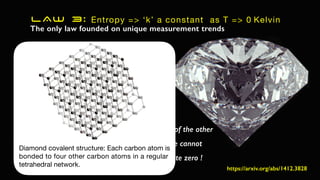 LAW 3: Entropy => ‘k’ a constant as T => 0 Kelvin
The only law founded on unique measurement trends
“The entropy of a perfect crystal at absolute
zero is exactly equal to zero”
In a sense this law is more hypothetical than any of the other
three as it cannot be directly demonstrated - ie we cannot
create perfect crystals or a temperature of absolute zero !
“Perfect order and thus zero entropy is only
possible at absolute zero”
https://arxiv.org/abs/1412.3828
Diamond covalent structure: Each carbon atom is
bonded to four other carbon atoms in a regular
tetrahedral network.
 