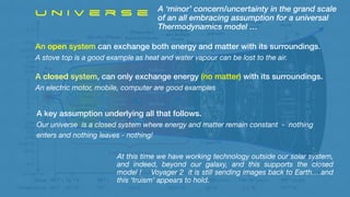 Sp
ace
-Tim
e
is
Tor
n
Ap
art
?
U n i v e r s e A ‘minor’ concern/uncertainty in the grand scale
of an all embracing assumption for a universal
Thermodynamics model …
An open system can exchange both energy and matter with its surroundings.
A stove top is a good example as heat and water vapour can be lost to the air.
A closed system, can only exchange energy (no matter) with its surroundings.
An electric motor, mobile, computer are good examples
A key assumption underlying all that follows.
Our universe is a closed system where energy and matter remain constant - nothing
enters and nothing leaves - nothing!
At this time we have working technology outside our solar system,
and indeed, beyond our galaxy, and this supports the closed
model ! Voyager 2 it is still sending images back to Earth….and
this ‘truism’ appears to hold.
 