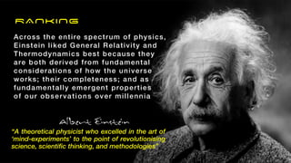 RANKING
Across the entire spectrum of physics,
Einstein liked General Relativity and
Thermodynamics best because they
are both derived from fundamental
considerations of how the universe
works; their completeness; and as
fundamentally emergent properties
of our observations over millennia
“A theoretical physicist who excelled in the art of
‘mind-experiments’ to the point of revolutionising
science, scientific thinking, and methodologies”
 