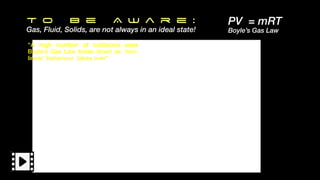 T o B e A w a r e :
Gas, Fluid, Solids, are not always in an ideal state!
PV = mRT
Boyle’s Gas Law
“A high number of collisions sees
Boyle’s Gas Law break down as ‘non-
linear’ behaviour takes over”
 