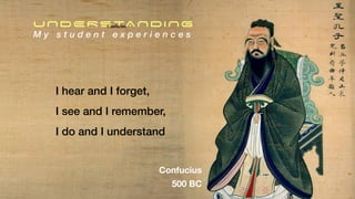 I hear and I forget,
I see and I remember,
I do and I understand
UNDERSTANDING
M y s t u d e n t e x p e r i e n c e s
Confucius
Confucius
500 BC
 