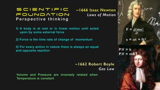 S c i e n t i f i c
Foundation
P e r s p e c t i v e t h i n k i n g
~1662 Robert Boyle
Gas Law
~1666 Issac Newton
Laws of Motion
1) A body is at rest or in linear motion until acted
upon by some external force
2) Force is the time rate of change of momentum
3) For every action in nature there is always an equal
and opposite reaction
Volume and Pressure are inversely related when
Temperature is constant
F = d(mv)
dt
s = ut + ft2
P.V = k
P.V = mRT
 