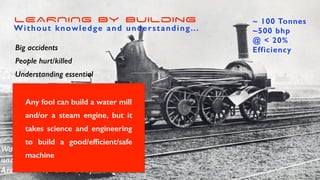 LEARNING By Building
Big accidents
People hurt/killed
Understanding essential
Without knowledge and understanding…
Water and water
fl
ow suf
fi
ciently
understood and characterised by
Archimedes, and adaptations to
Any fool can build a water mill
and/or a steam engine, but it
takes science and engineering
to build a good/ef
fi
cient/safe
machine
~ 100 Tonnes
~500 bhp
@ < 20%
Efficiency
 