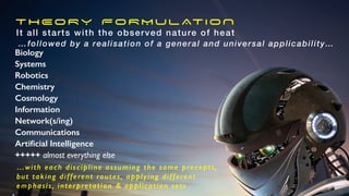 THEORY FORMULATION
It all starts with the observed nature of heat
…followed by a realisation of a general and universal applicability…
Biology
Systems
Robotics
Chemistry
Cosmology
Information
Network(s/ing)
Communications
Arti
fi
cial Intelligence
+++++ almost everything else
…with each discipline assuming the same precepts,
but taking different routes, applying different
emphasis, interpretation & application sets
 