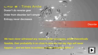 Doesn’t do reverse gear
Order from disorder isn’t simple
Entropy never decreases
We have never witnessed any reverse order processes, whilst theoretically
feasible, their probability is so close to zero we can say they will never
happen….and we have no evidence of time travellers either !!
Order Disorder
LAW 2 : Times Arrow
 