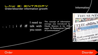 Order/disorder information growth
Order Disorder
. , : ; i if iff
I need to
talk with
you soon
The concept of information
entropy was introduced by
Claude Shannon in his 1948
paper "A Mathematical Theory
of Communication"
Information
LAW 2: Entropy
 