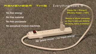 - No free energy
- No free material
- No free processes
- No perpetual motion machines
Remember This : Everything costs !!
Energy Out < Energy In
Ef
fi
ciency Always < 100%
“Beware of atomic processes
we have to take care defining
the micro, macro, & universe”
No ‘prime mover’ - no ‘input energy’
 