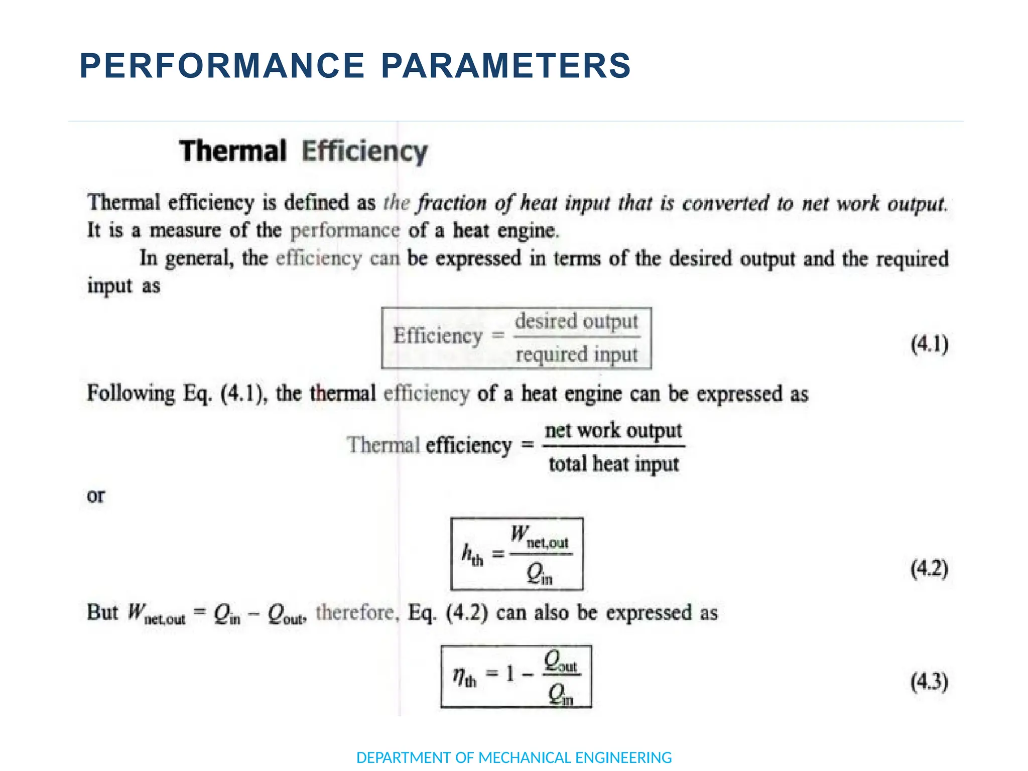 PERFORMANCE PARAMETERS
DEPARTMENT OF MECHANICAL ENGINEERING
 