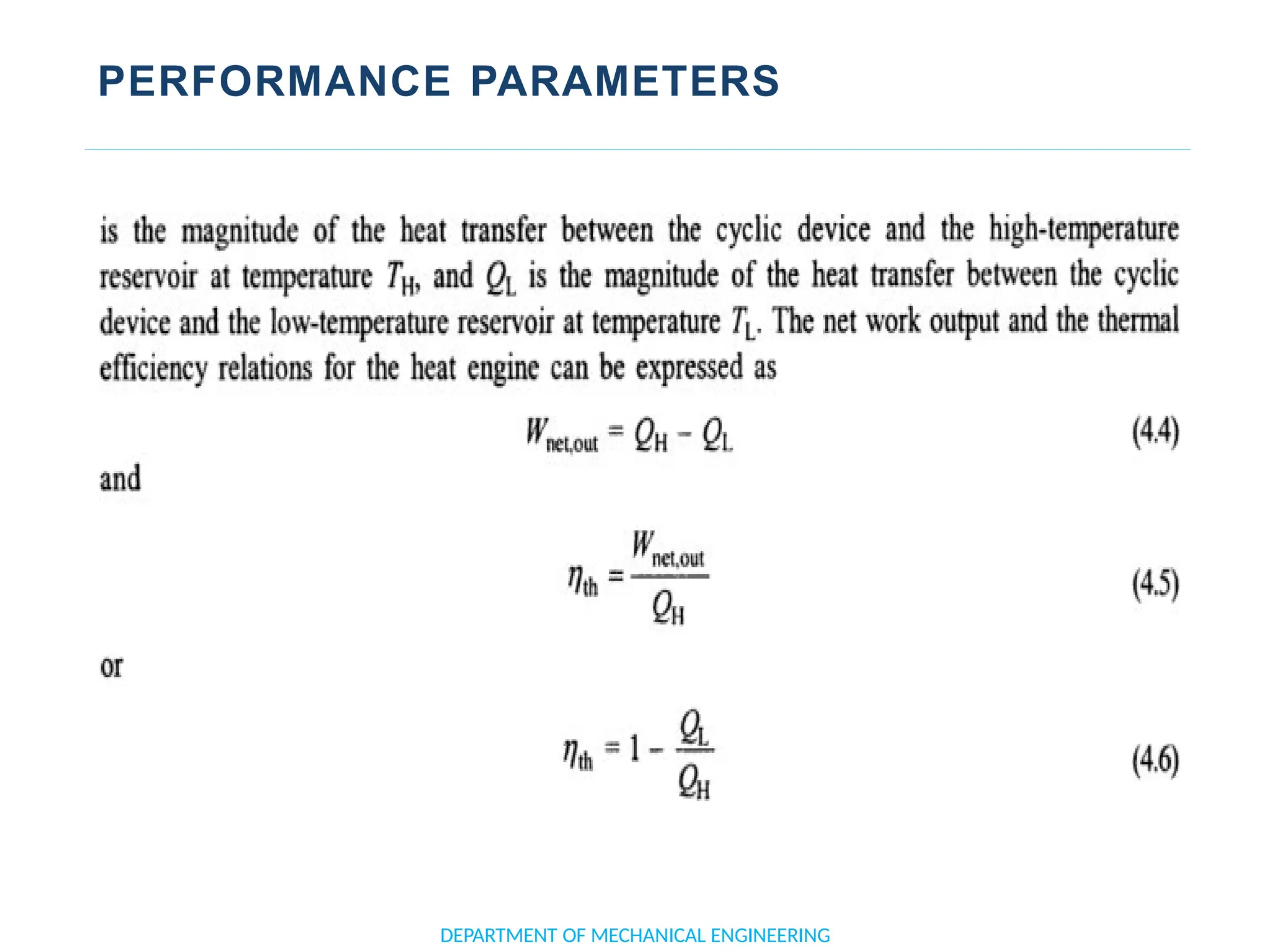 PERFORMANCE PARAMETERS
DEPARTMENT OF MECHANICAL ENGINEERING
 