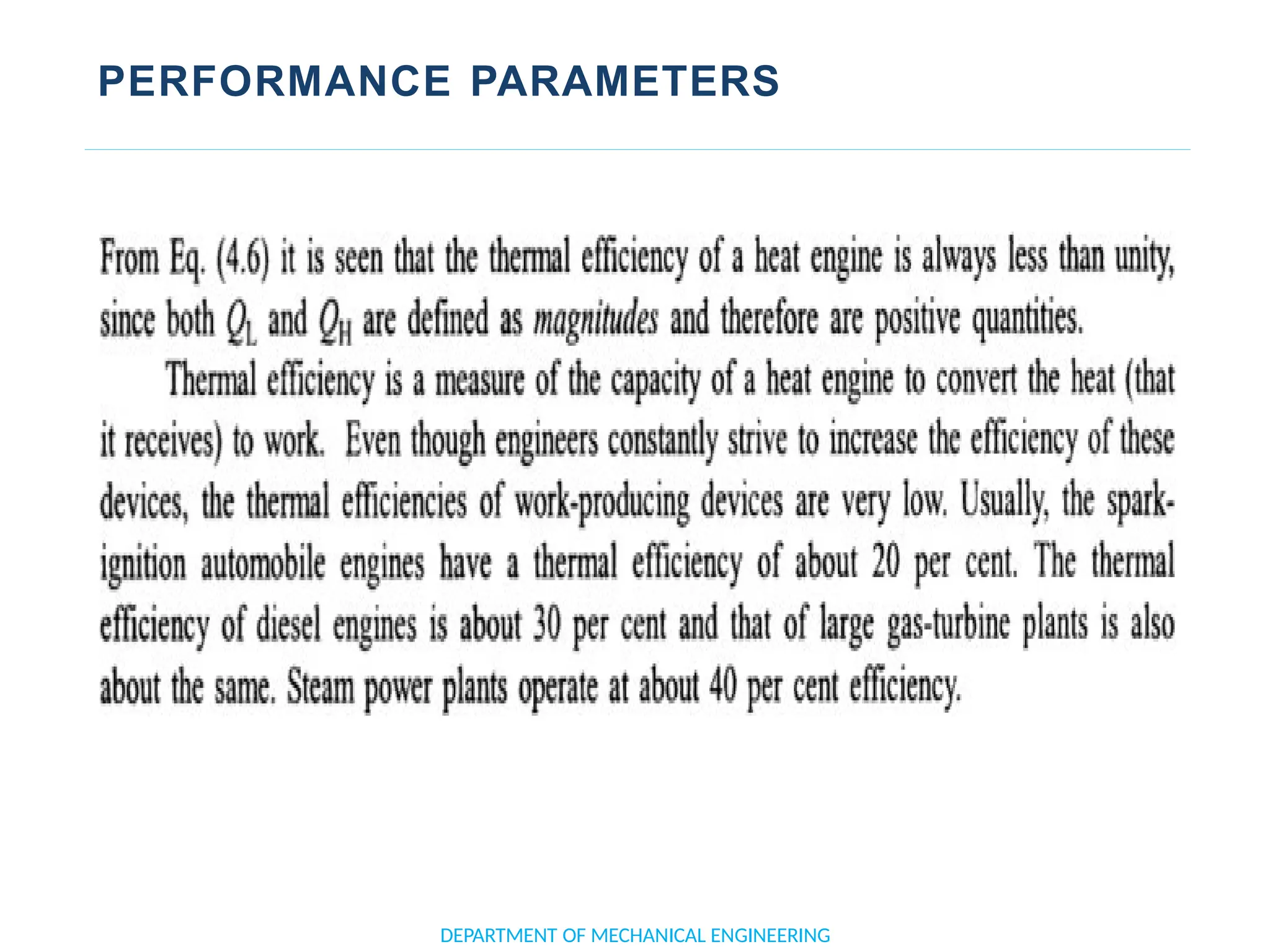 PERFORMANCE PARAMETERS
DEPARTMENT OF MECHANICAL ENGINEERING
 