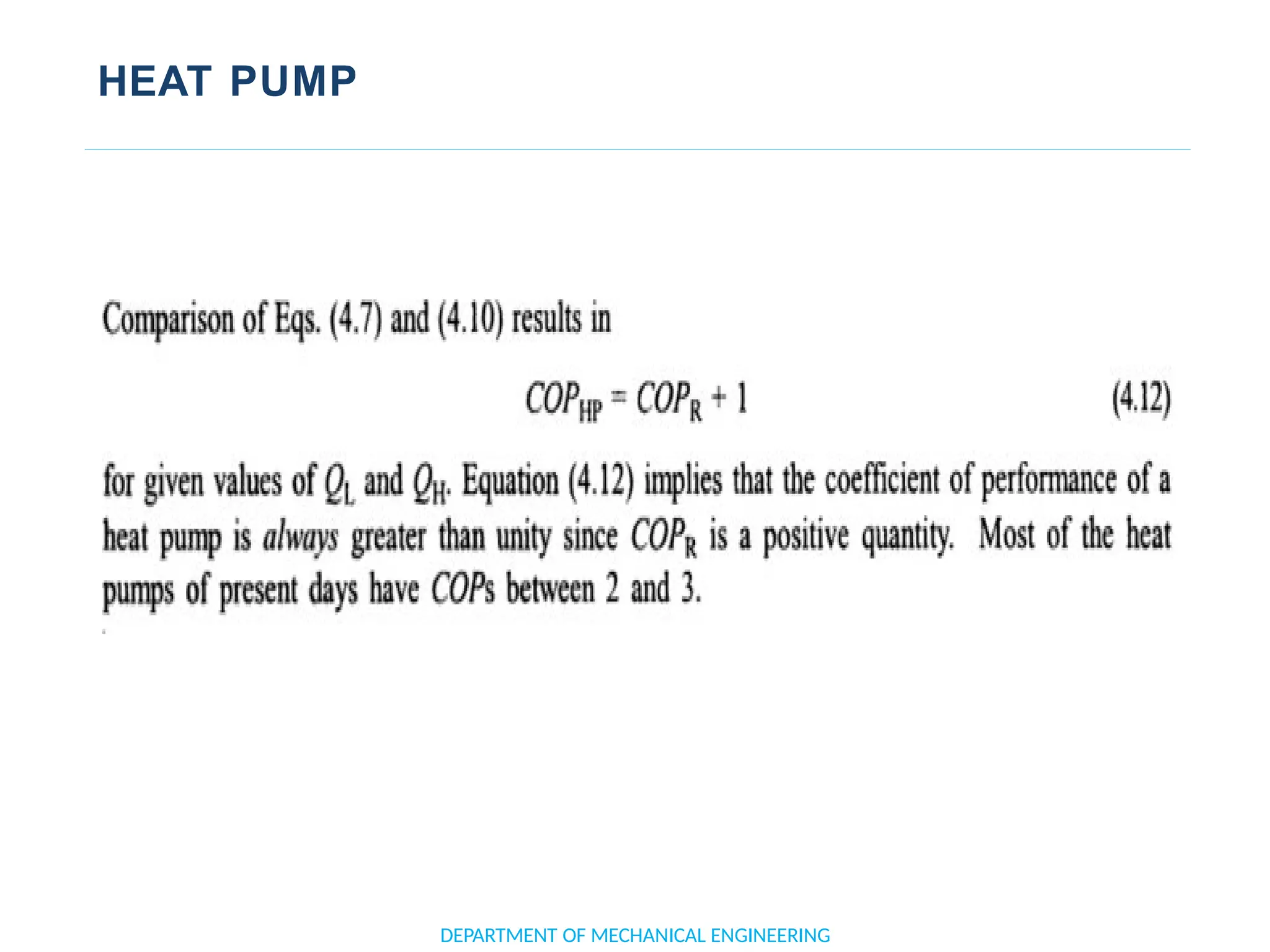 HEAT PUMP
DEPARTMENT OF MECHANICAL ENGINEERING
 