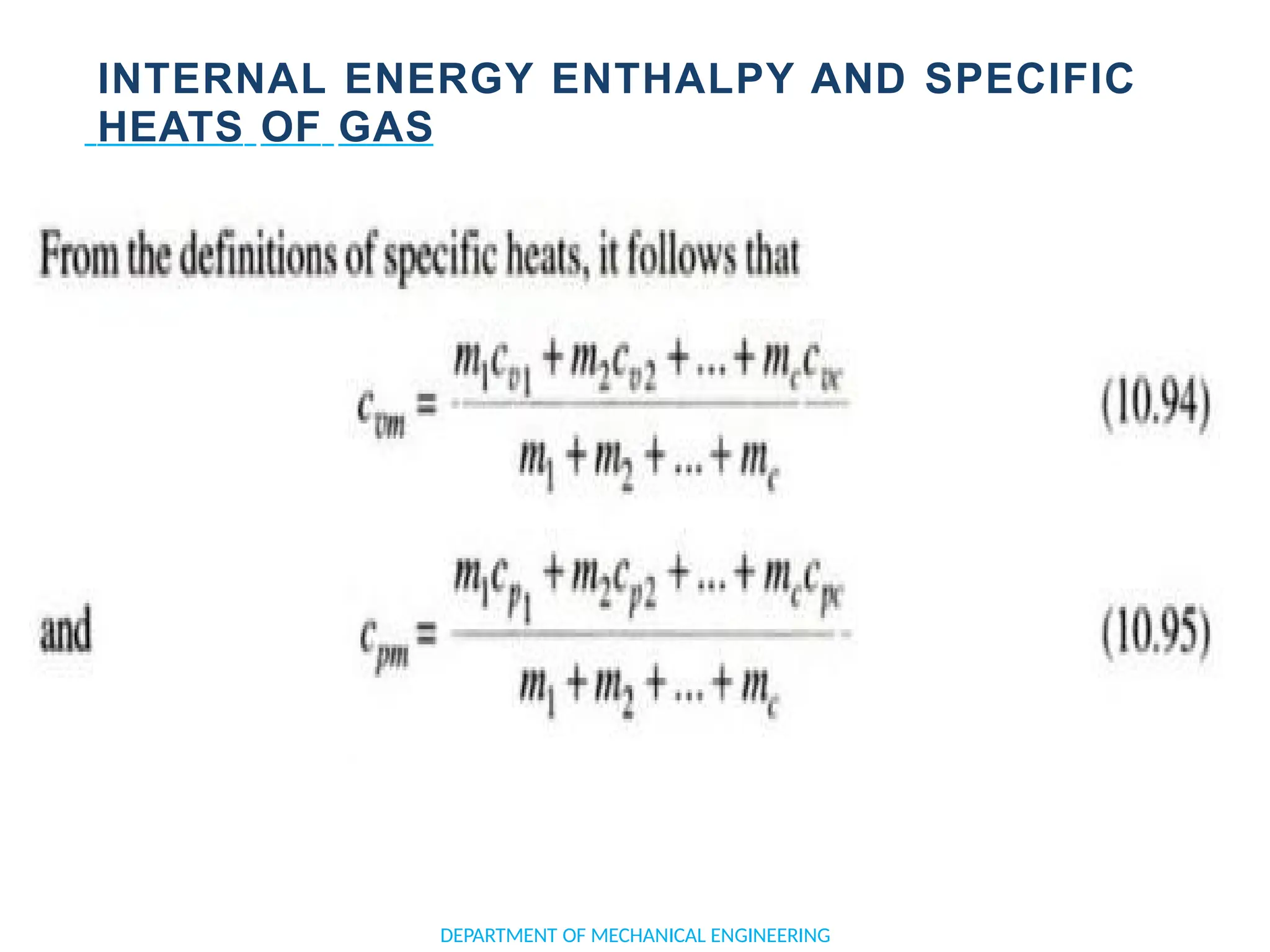 INTERNAL ENERGY ENTHALPY AND SPECIFIC
HEATS OF GAS
DEPARTMENT OF MECHANICAL ENGINEERING
 
