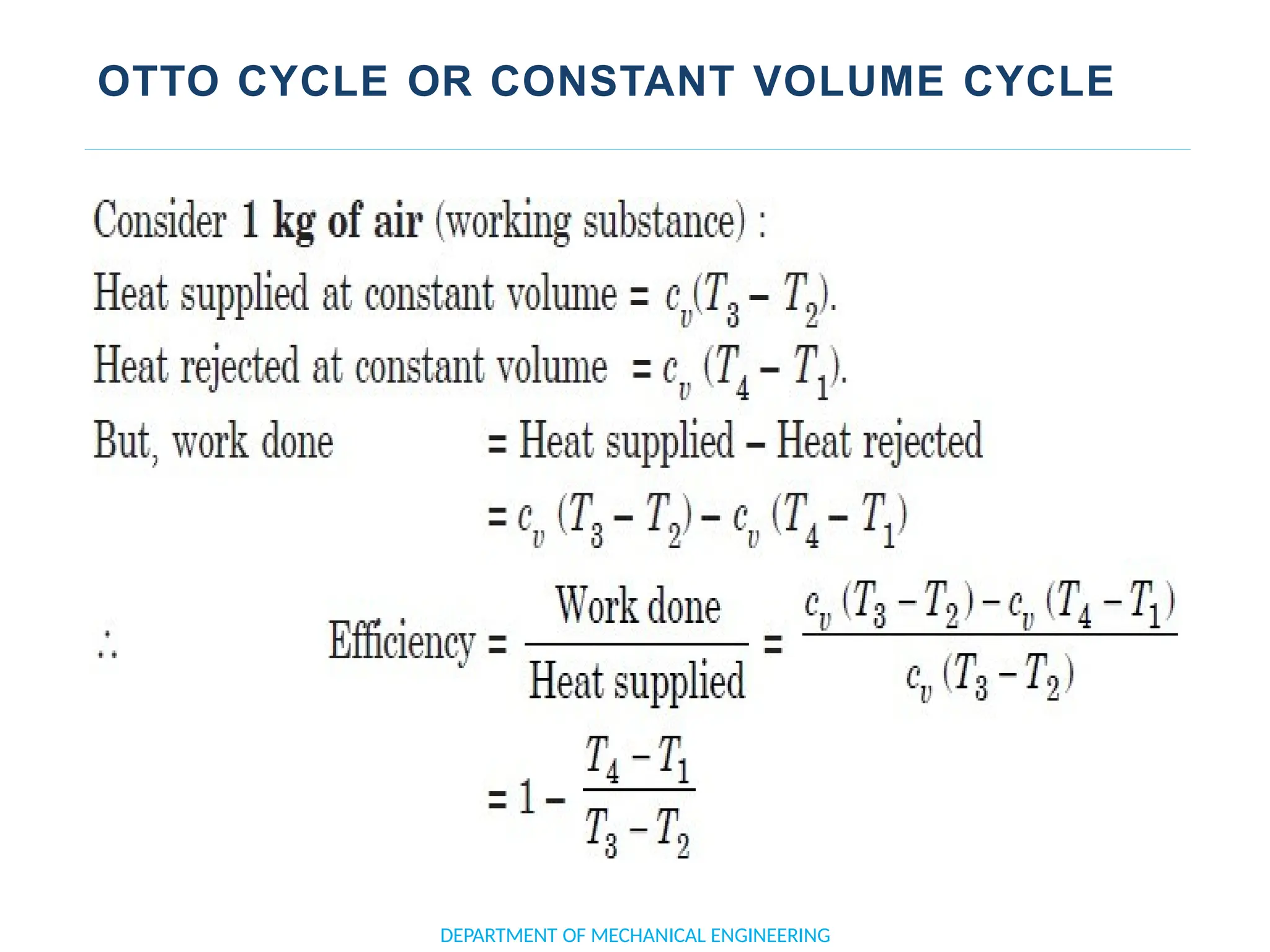 OTTO CYCLE OR CONSTANT VOLUME CYCLE
DEPARTMENT OF MECHANICAL ENGINEERING
 