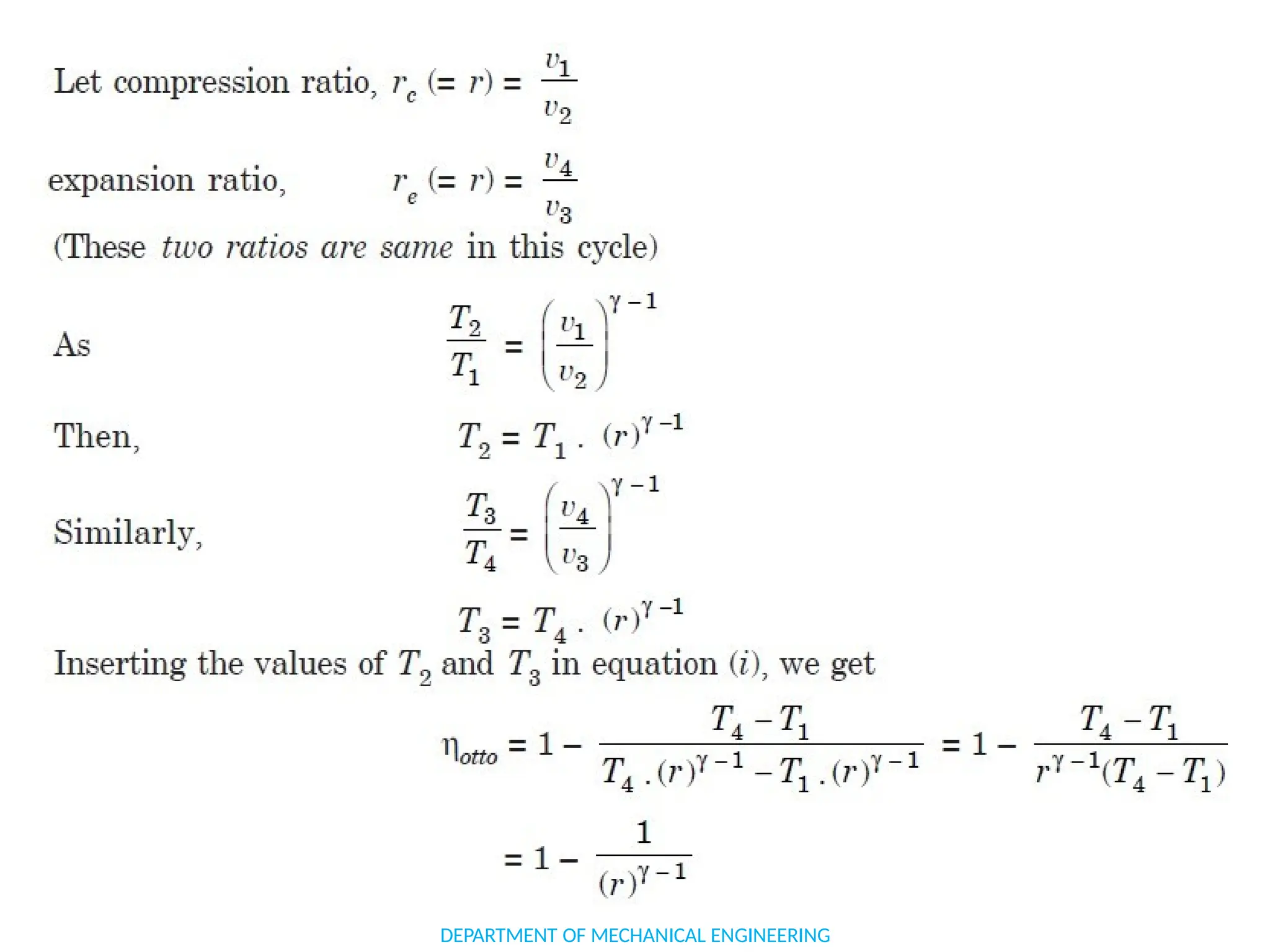 OTTO CYCLE OR CONSTANT VOLUME CYCLE
DEPARTMENT OF MECHANICAL ENGINEERING
 
