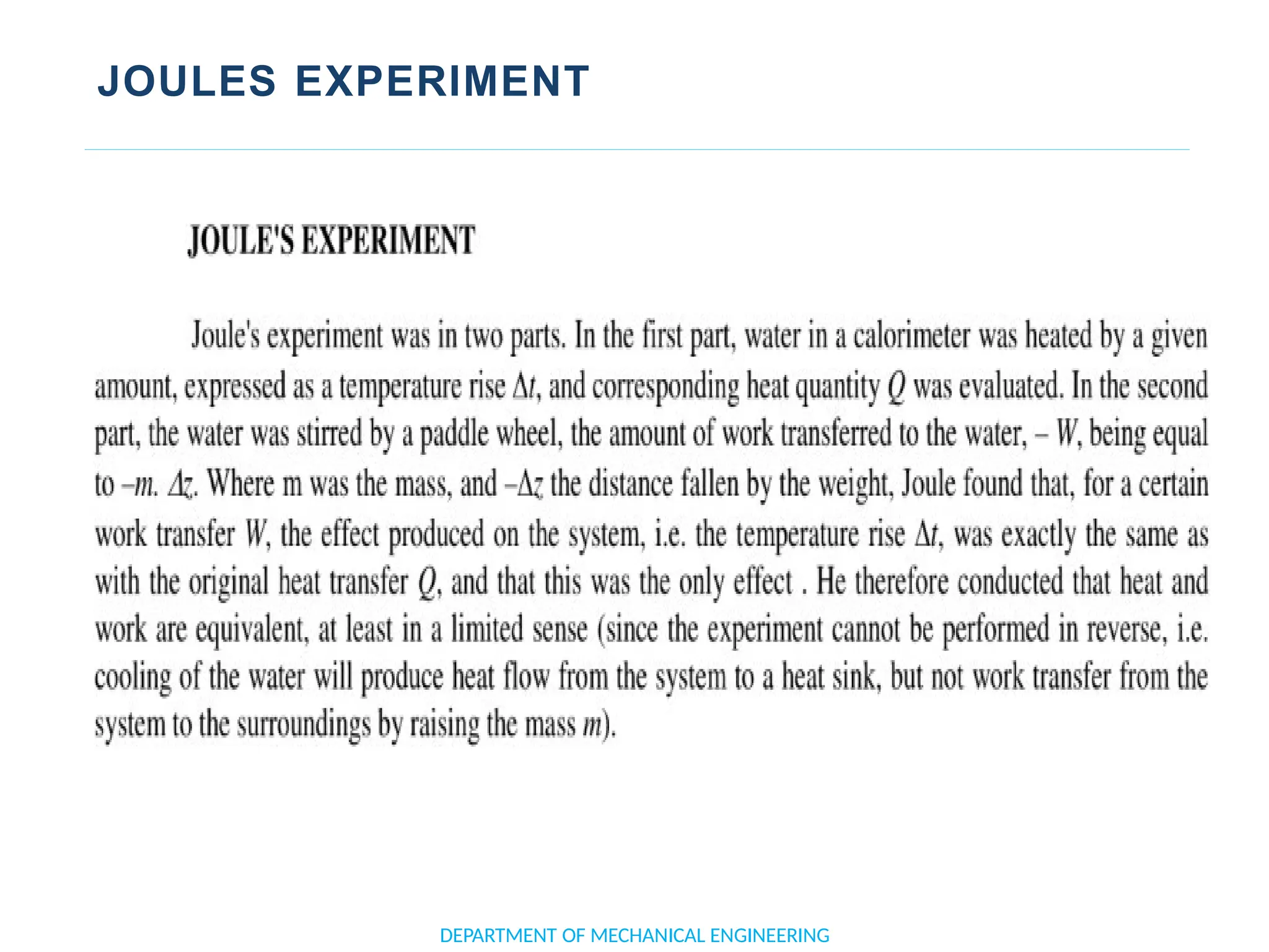 JOULES EXPERIMENT
DEPARTMENT OF MECHANICAL ENGINEERING
 