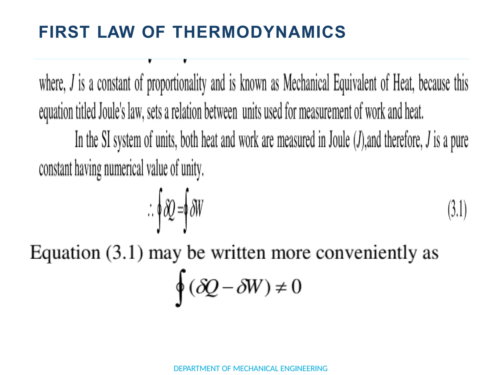 FIRST LAW OF THERMODYNAMICS
DEPARTMENT OF MECHANICAL ENGINEERING
 