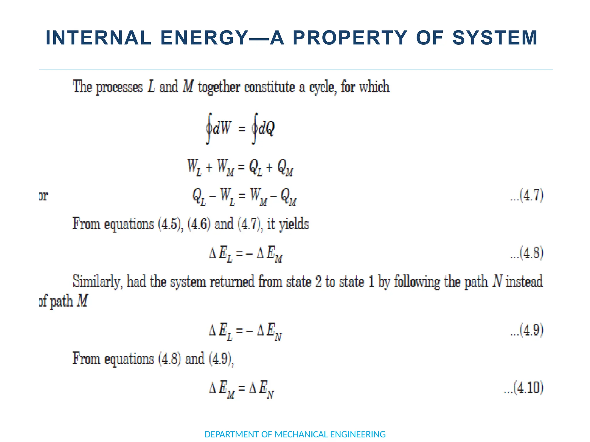 INTERNAL ENERGY—A PROPERTY OF SYSTEM
DEPARTMENT OF MECHANICAL ENGINEERING
 