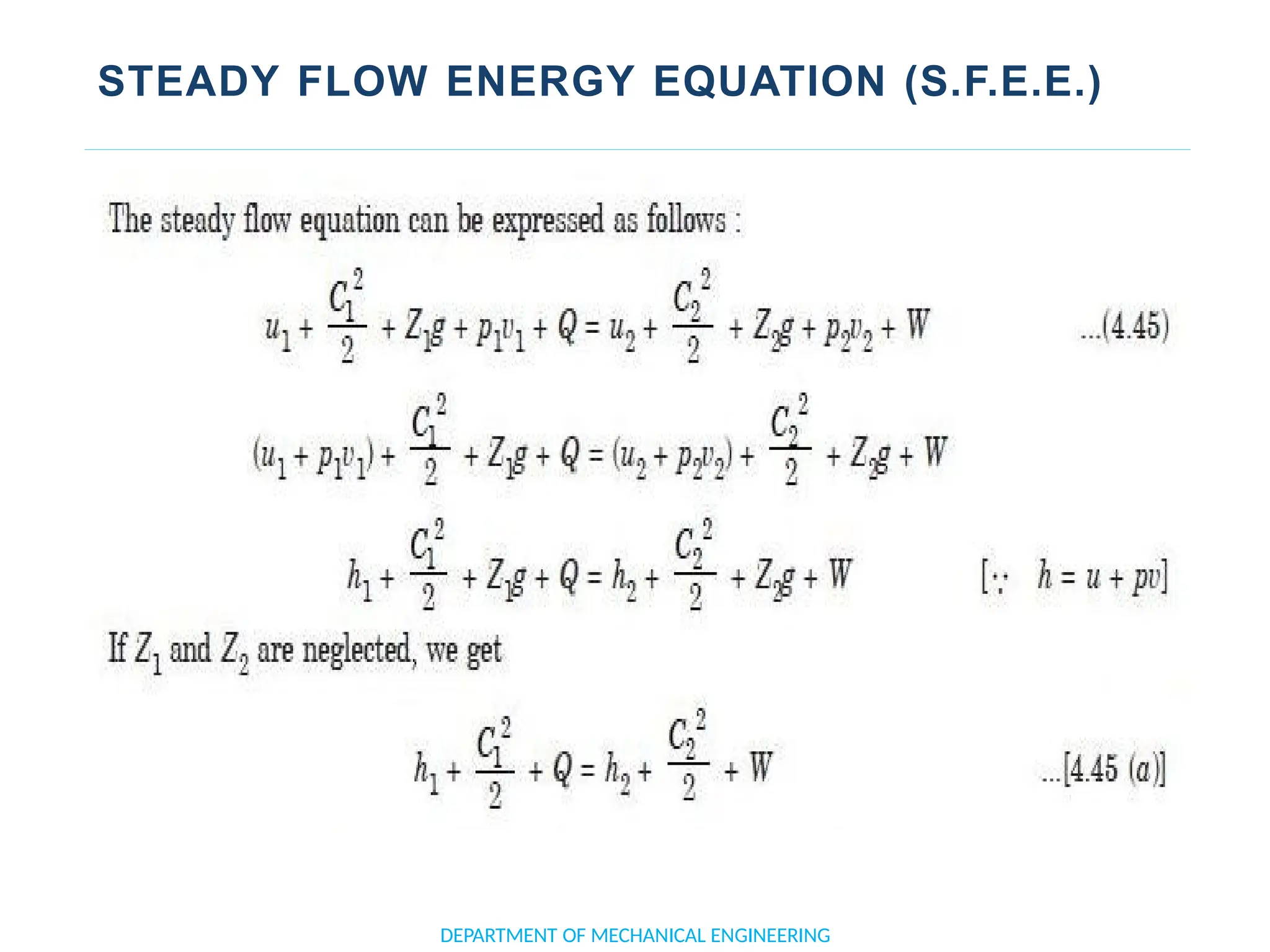 STEADY FLOW ENERGY EQUATION (S.F.E.E.)
DEPARTMENT OF MECHANICAL ENGINEERING
 