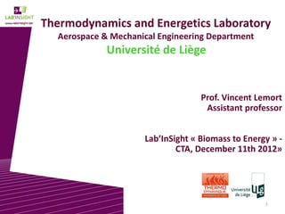 1
Thermodynamics and Energetics Laboratory
Aerospace & Mechanical Engineering Department
Université de Liège
Prof. Vincent Lemort
Assistant professor
Lab’InSight « Biomass to Energy » -
CTA, December 11th 2012»
 