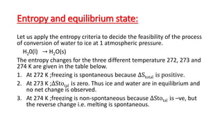 Entropy and equilibrium state:
Let us apply the entropy criteria to decide the feasibility of the process
of conversion of water to ice at 1 atmospheric pressure.
H20(l) → H2O(s)
The entropy changes for the three different temperature 272, 273 and
274 K are given in the table below.
1. At 272 K ;freezing is spontaneous because ∆Stotal is positive.
2. At 273 K ;∆Stotal is zero. Thus ice and water are in equilibrium and
no net change is observed.
3. At 274 K ;freezing is non-spontaneous because ∆Stotal is –ve, but
the reverse change i.e. melting is spontaneous.
 