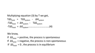 Multiplying equation (3) by T we get,
TΔStotal = TΔSsystem - ΔHsystem
-TΔStotal = ΔHsystem - TΔSsystem
-TΔStotal = ΔGsystem……………………………(4)
We know,
If ΔStotal = positive, the process is spontaneous
If ΔStotal = negative, the process is non-spontaneous
If ΔStotal = 0 , the process is in equilibrium
 
