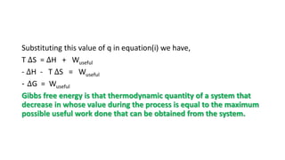 Substituting this value of q in equation(i) we have,
T ∆S = ∆H + Wuseful
- ∆H - T ∆S = Wuseful
- ∆G = Wuseful
Gibbs free energy is that thermodynamic quantity of a system that
decrease in whose value during the process is equal to the maximum
possible useful work done that can be obtained from the system.
 