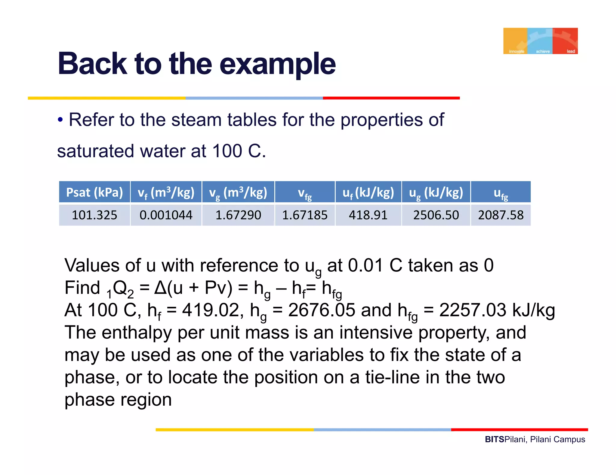 Back to the example
• Refer to the steam tables for the properties of
saturated water at 100 C
                       C.

 Psat (kPa)   vf (m3/kg)   vg (m3/kg)     vfg     uf (kJ/kg)   ug (kJ/kg)      ufg
 101.325      0.001044      1.67290     1.67185    418.91      2506.50      2087.58


Values of u with reference to ug at 0.01 C taken as 0
                                    0 01
Find 1Q2 = ∆(u + Pv) = hg – hf= hfg
At 100 C, hf = 419.02, hg = 2676.05 and hfg = 2257.03 kJ/kg
The th l
Th enthalpy per unit mass i an i t
                     it      is    intensive property, and
                                          i          t    d
may be used as one of the variables to fix the state of a
phase, or to locate the position on a tie-line in the two
phase region
                                                                             BITSPilani, Pilani Campus
 