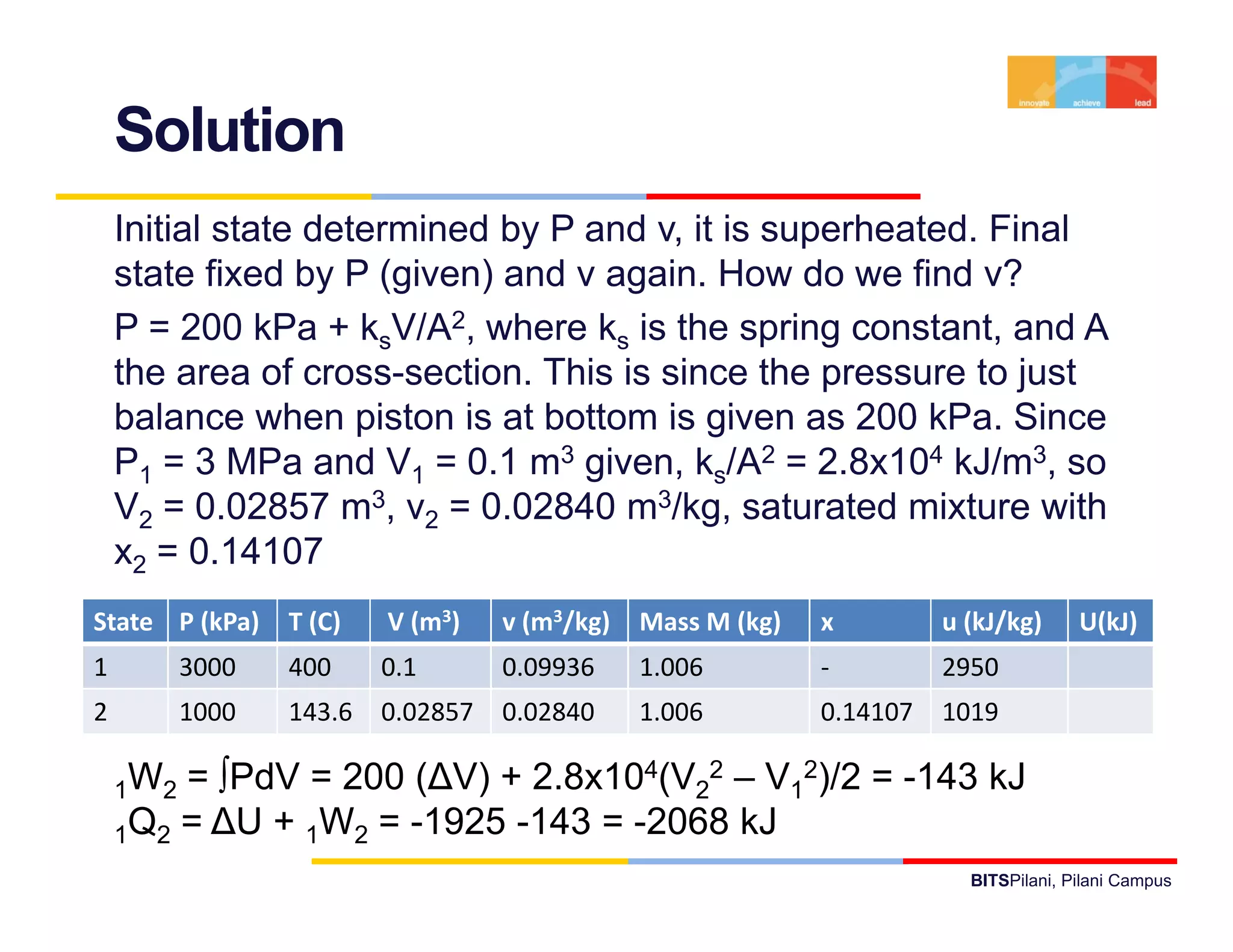 Solution
    Initial state determined by P and v, it is superheated. Final
    state fixed by P (given) and v again. How do we find v?
    P = 200 kPa + ksV/A2, where ks is the spring constant, and A
    the area of cross-section. This is since the pressure to just
    balance when piston is at bottom is given as 200 kPa Since
                                                        kPa.
    P1 = 3 MPa and V1 = 0.1 m3 given, ks/A2 = 2.8x104 kJ/m3, so
    V2 = 0.02857 m3, v2 = 0.02840 m3/kg, saturated mixture with
    x2 = 0.14107
State P (kPa)    T (C)   V (m3)    v (m3/kg)   Mass M (kg)   x         u (kJ/kg)      U(kJ)
1         3000   400     0.1       0.09936     1.006         ‐         2950
2         1000   143.6   0.02857   0.02840     1.006         0.14107   1019

    1W2 = ∫PdV = 200 (∆V) + 2 8x104(V22 – V12)/2 = -143 kJ
                            2.8x10                  143
    1Q2 = ∆U + 1W2 = -1925 -143 = -2068 kJ
                                                                         BITSPilani, Pilani Campus
 