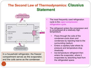 102
• The most frequently used refrigeration
cycle is the vapor-compression
refrigeration cycle.
• The refrigerant enters the compressor and
is compressed at a relatively high
temperature
• Flows through the coils of the
condenser-cools down and
condenses by rejecting heat to the
surrounding medium
• Enters a capillary tube where its
pressure and temperature drop
drastically
• low-temperature refrigerant then
enters the evaporator, where it
evaporates by absorbing heat from
the refrigerated space.
In a household refrigerator, the freezer
compartment serves as the evaporator,
and the coils serve as the condenser.
The Second Law of Thermodynamics: Clausius
Statement
 