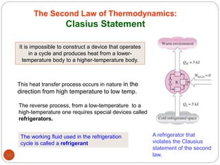 106
The Second Law of Thermodynamics:
Clasius Statement
A refrigerator that
violates the Clausius
statement of the second
law.
This heat transfer process occurs in nature in the
direction from high temperature to low temp.
The reverse process, from a low-temperature to a
high-temperature one requires special devices called
refrigerators.
The working fluid used in the refrigeration
cycle is called a refrigerant
It is impossible to construct a device that operates
in a cycle and produces heat from a lower-
temperature body to a higher-temperature body.
 