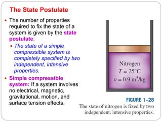 The State Postulate
16
 The number of properties
required to fix the state of a
system is given by the state
postulate:
 The state of a simple
compressible system is
completely specified by two
independent, intensive
properties.
 Simple compressible
system: If a system involves
no electrical, magnetic,
gravitational, motion, and
surface tension effects.
 