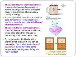3
 The second law of thermodynamics:
It asserts that energy has quality as
well as quantity, and actual processes
occur in the direction of decreasing
quality of energy.
 A pure crystalline substance at absolute
zero temperature is in perfect order,
and its entropy is zero (the third law of
thermodynamics)
 The zeroth law of thermodynamics:
If two bodies are in thermal equilibrium
with a third body, they are also in
thermal equilibrium with each other.
 By replacing the third body with a
thermometer, the zeroth law can be
restated as two bodies are in thermal
equilibrium if both have the same
temperature reading even if they are
not in contact.
 