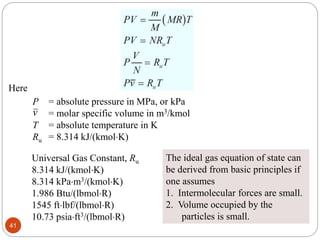Here
P = absolute pressure in MPa, or kPa
= molar specific volume in m3/kmol
T = absolute temperature in K
Ru = 8.314 kJ/(kmolK)
v
Universal Gas Constant, Ru
8.314 kJ/(kmolK)
8.314 kPam3/(kmolK)
1.986 Btu/(lbmolR)
1545 ftlbf/(lbmolR)
10.73 psiaft3/(lbmolR)
The ideal gas equation of state can
be derived from basic principles if
one assumes
1. Intermolecular forces are small.
2. Volume occupied by the
particles is small.
41
 