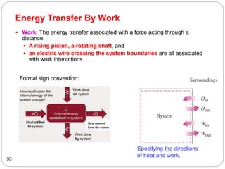Energy Transfer By Work
 Work: The energy transfer associated with a force acting through a
distance.
 A rising piston, a rotating shaft, and
 an electric wire crossing the system boundaries are all associated
with work interactions.
53
Specifying the directions
of heat and work.
Formal sign convention:
 