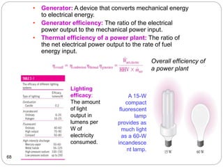 68
• Generator: A device that converts mechanical energy
to electrical energy.
• Generator efficiency: The ratio of the electrical
power output to the mechanical power input.
• Thermal efficiency of a power plant: The ratio of
the net electrical power output to the rate of fuel
energy input.
A 15-W
compact
fluorescent
lamp
provides as
much light
as a 60-W
incandesce
nt lamp.
Lighting
efficacy:
The amount
of light
output in
lumens per
W of
electricity
consumed.
Overall efficiency of
a power plant
 