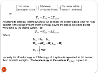 70
or
E E E
in out system
  
According to classical thermodynamics, we consider the energy added to be net heat
transfer to the closed system and the energy leaving the closed system to be net
work done by the closed system. So
Q W E
net net system
  
Where
2
1
( )
net in out
net out in other b
b
Q Q Q
W W W W
W PdV
 
  
 
Normally the stored energy, or total energy, of a system is expressed as the sum of
three separate energies. The total energy of the system, Esystem, is given as
 
