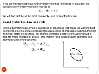 72
If the system does not move with a velocity and has no change in elevation, the
conservation of energy equation reduces to
Q W U
net net
  
We will find that this is the most commonly used form of the first law.
Closed System First Law for a Cycle
Since a thermodynamic cycle is composed of processes that cause the working fluid
to undergo a series of state changes through a series of processes such that the final
and initial states are identical, the change in internal energy of the working fluid is
zero for whole numbers of cycles. The first law for a closed system operating in a
thermodynamic cycle becomes
Q W U
Q W
net net cycle
net net
 


 