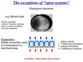The exceptions of “open systems“ condition: feed-back loop exists  Dissipative structures e.g. Bénard cells: (further examples: vortex in Tornado, standing wave in a flute, oscillating  chemical reactions) Explanation: Stable convection cycle is a resonance in a  feed-back-loop. higher velocity  => T-difference decreases => velocity decreases => T-difference increases ... 