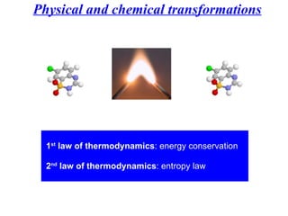 Physical and chemical transformations 1 st  law of thermodynamics : energy conservation 2 nd  law of thermodynamics : entropy law 