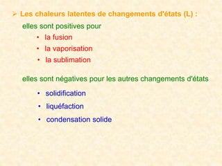  Les chaleurs latentes de changements d'états (L) :
elles sont positives pour
• la vaporisation
• la fusion
• la sublimation
elles sont négatives pour les autres changements d'états
• solidification
• liquéfaction
• condensation solide
 