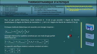 THERMODYNAMIQUE STATISTIQUE
I. Monde macroscopique - Monde microscopique
II. Facteur de Boltzmann
IV. Capacités thermiques des gaz et des solides
IV.2. Théorie classique de la capacité thermique
des gaz parfaits
III. Systèmes à spectres discret d’énergie
III.3. Système à deux niveaux d’énergie
Pour un gaz parfait diatomique, toute molécule A – B de ce gaz possède 5 degrés de libertés
quadratiques (3 degrés de liberté de translation 𝑥 , 𝑦 et 𝑧 et 2 degrés de liberté de rotation 𝜃 et 𝜑).
x
y
z
1 5
5
2 2
particule B B
E K T K T
 
  
 
 
À chaque molécule diatomique est associée une énergie moyenne :
5 5
2 2
sytème A particule A B sytème
U E N E N K T E RT
    
,
5
2
v m
v
U
C R
T

 
 
 

 
L’énergie interne d’un système constitué par une mole de gaz parfait
diatomique est :
La capacité calorifique molaire à volume constant est alors :
I.1. Échelle macroscopique
I.2. Échelle microscopique
I.3. Échelle mésoscopique
II.1. Modèle de l’atmosphère isotherme
II.2. Poids de Boltzmann pour une particule
indépendante
III.1. Probabilité d’occupation d’un état quantique
III.2. Energie moyenne
III.3. 1. occupation des niveaux d’énergie
III.3. 2. énergie moyenne du système
IV.1. Théorème de l’équipartition de l’énergie
 